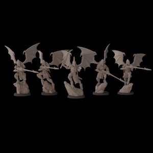 May include: Five gray fantasy figurines of winged warriors, each posed on a rocky base. The figures are detailed with armor and weapons, and have large, bat-like wings. The background is solid black.