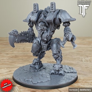 May include: A gray miniature robot figure with a skull-like face and a large chainsaw arm. The figure is highly detailed and stands on a textured circular base. The figure is labeled "Dorkfactory Miniatures".