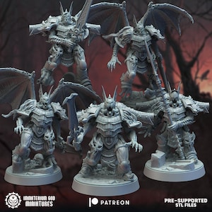 May include: A collection of gray miniature figures, each depicting a demonic warrior with bat-like wings, armor, and weapons. The figures are on circular bases. The image includes the text "IMMATERIUM GOD MINIATURES", "PATREON", and "PRE-SUPPORTED STL FILES".