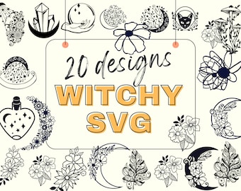 Könnte beinhalten: Ein Set mit 20 hexenhaften SVG-Designs mit Illustrationen von Monden, Kristallen, Blumen, Pilzen und einer Katze. Der Text "20 designs WITCHY SVG" ist auf einem weißen Schild zu sehen.