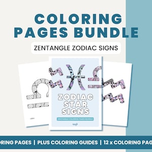 Peut inclure: Un ensemble de 12 pages à colorier représentant des motifs Zentangle des signes du zodiaque. L'image montre trois pages : Balance, Poissons et Verseau. Le texte "ZODIAC STAR SIGNS" est imprimé sur la page Poissons.