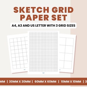 Pacote de papel milimetrado para impressão | Papel quadriculado digital para desenho e esboços | 3 tamanhos de grade | A4 A3 Carta EUA | Download instantâneo em PDF