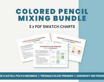 May include: A bundle of three PDF color mixing guides for colored pencils. The guides include Faber Castell Polychromos, Prismacolor Premier, and Derwent Inktense pencils.