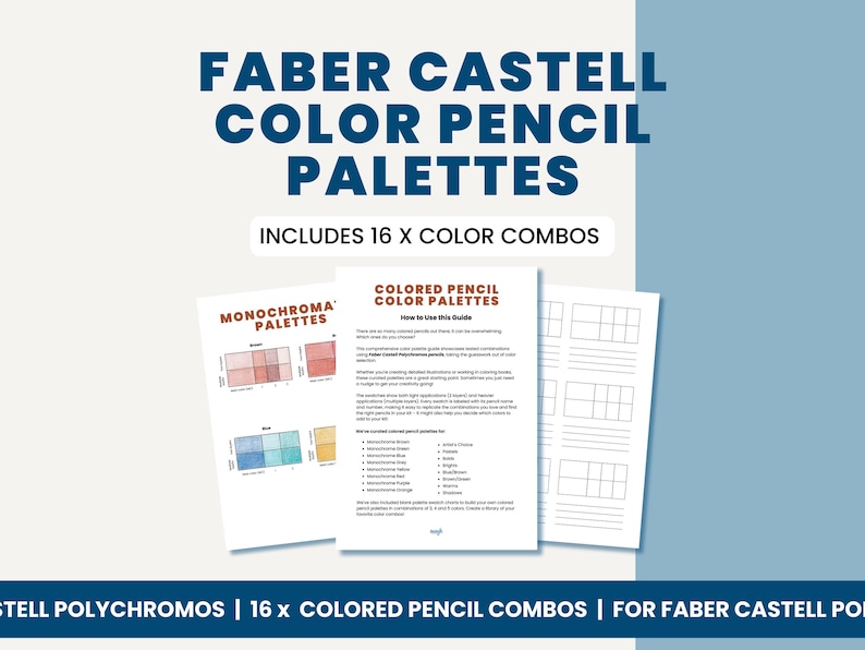May include: A promotional image for Faber Castell color pencil palettes. The image features the text "FABER CASTELL COLOR PENCIL PALETTES" and "INCLUDES 16 X COLOR COMBOS". There are also several sheets of paper with color palette guides.