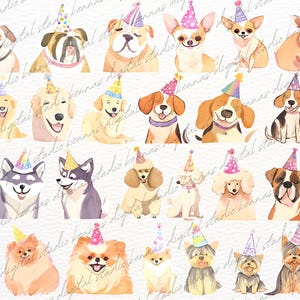 May include: A digital illustration of 20 different dog breeds wearing party hats. The dogs are all in a watercolor style and are set against a white background.