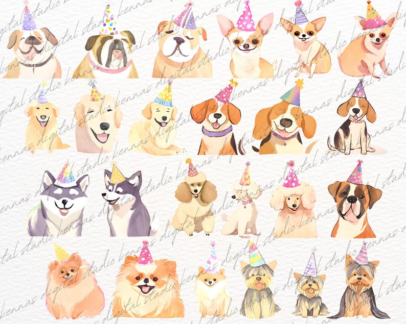 May include: A digital illustration of 20 different dog breeds wearing party hats. The dogs are all in a watercolor style and are set against a white background.