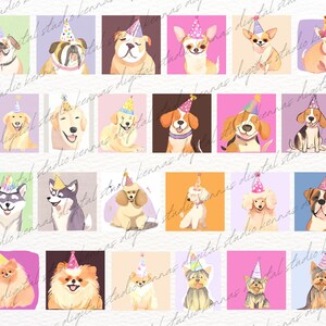 May include: A digital illustration set of 24 adorable dogs wearing party hats. The dogs are of various breeds and colors, including a husky, a bulldog, a chihuahua, a poodle, a beagle, a golden retriever, a Yorkshire terrier, and a Pomeranian. The dogs are all smiling and looking happy.