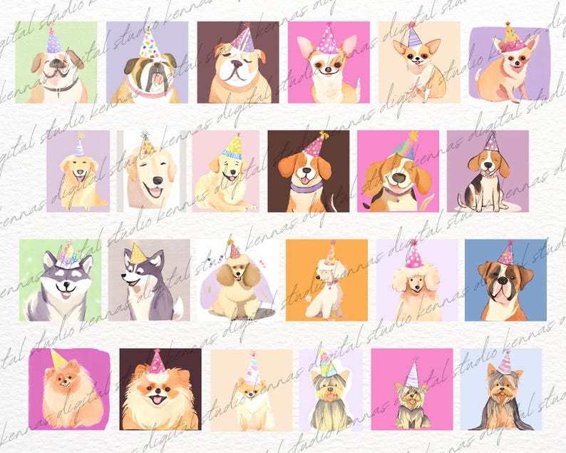 May include: A digital illustration set of 24 adorable dogs wearing party hats. The dogs are of various breeds and colors, including a husky, a bulldog, a chihuahua, a poodle, a beagle, a golden retriever, a Yorkshire terrier, and a Pomeranian. The dogs are all smiling and looking happy.