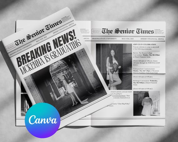 Editable Newspaper Graduation Announcement Canva Template, Digital Graduation Invitation, Printable Grad Announcement, Customizable Design