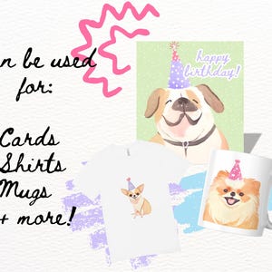 May include: Digital illustration of two dogs wearing party hats. The larger dog is a bulldog with a light brown and white coat. The smaller dog is a chihuahua with a light brown and white coat. The text "happy birthday!" is written in pink letters on a green background.