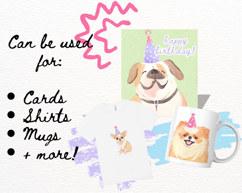 May include: Digital illustration of two dogs wearing party hats. The larger dog is a bulldog with a light brown and white coat. The smaller dog is a chihuahua with a light brown and white coat. The text "happy birthday!" is written in pink letters on a green background.