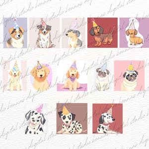 May include: Ten digital illustrations of dogs wearing party hats. The dogs are various breeds, including a pug, a dachshund, a dalmatian, and a golden retriever. The illustrations are in a cartoon style and are perfect for use in birthday cards, invitations, or other celebratory materials.