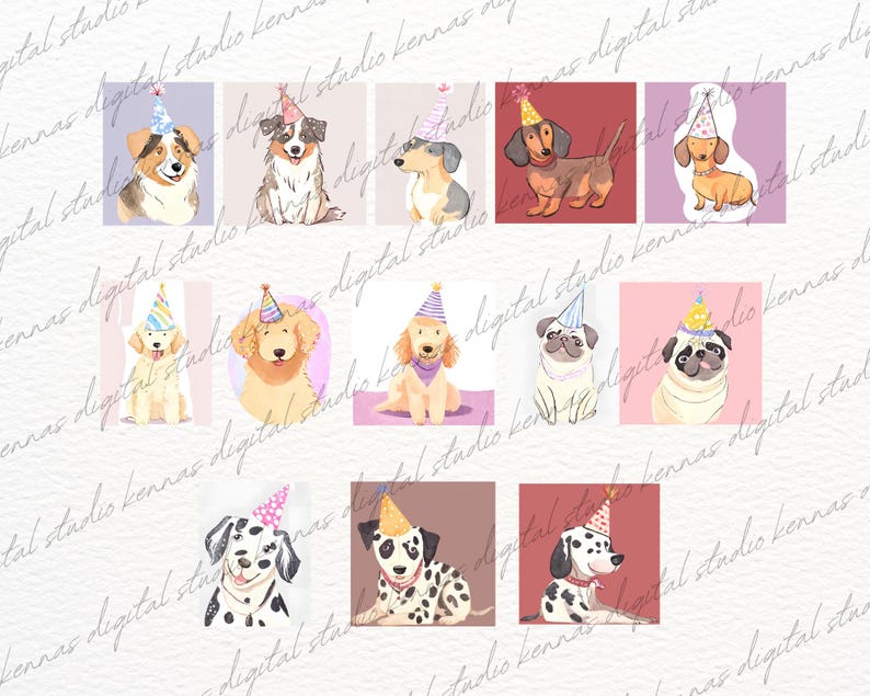 May include: Ten digital illustrations of dogs wearing party hats. The dogs are various breeds, including a pug, a dachshund, a dalmatian, and a golden retriever. The illustrations are in a cartoon style and are perfect for use in birthday cards, invitations, or other celebratory materials.