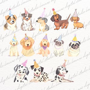 May include: Watercolor illustrations of 10 different dog breeds wearing party hats. The dogs are all in various poses and have different expressions. The illustrations are on a white background.