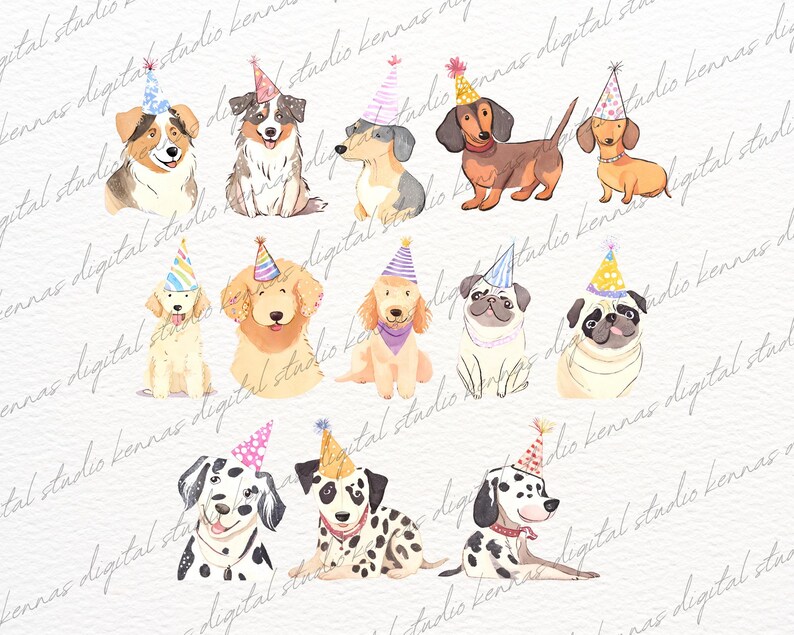 May include: Watercolor illustrations of 10 different dog breeds wearing party hats. The dogs are all in various poses and have different expressions. The illustrations are on a white background.