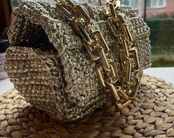 Elegant and Stylish: Gold Leather Cord Thick Chain Handbag