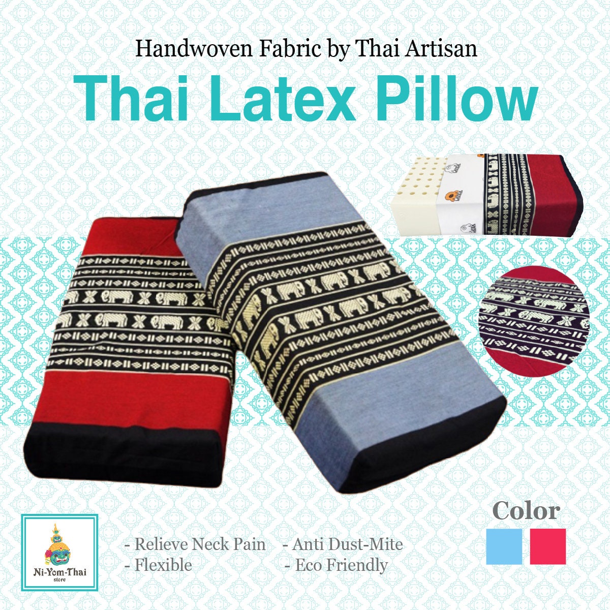 Natural Latex Pillow With Thai Traditional Patterned Fabric Case