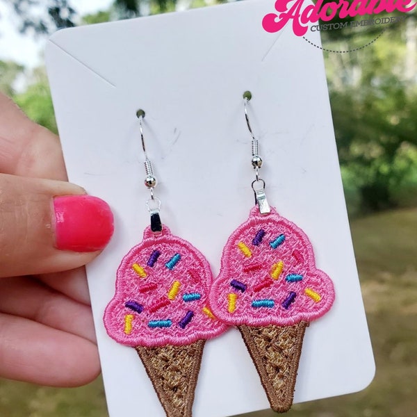 FSL Ice Cream Cone Earrings- Digital Design- Machine Embroidery- Freestanding Lace