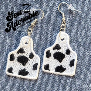FSL Cow Tag Earrings - Machine Embroidery - Digital Design - Freestanding Lace