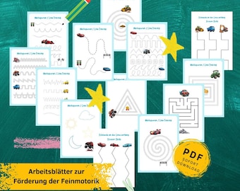 Puede incluir: Un conjunto de hojas de trabajo imprimibles para que los niños practiquen sus habilidades motoras finas. Las hojas de trabajo presentan varias actividades de trazado de líneas con coches, camiones y otros vehículos. El texto en la página dice "Nachspuren/Line Tracing" y "Arbeitsblätter zur Förderung der Feinmotorik".