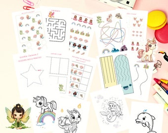 Exercices de motricité fine et puzzles pour enfants - 24 pages de feuilles de travail de conte de fées en téléchargement numérique PDF A4