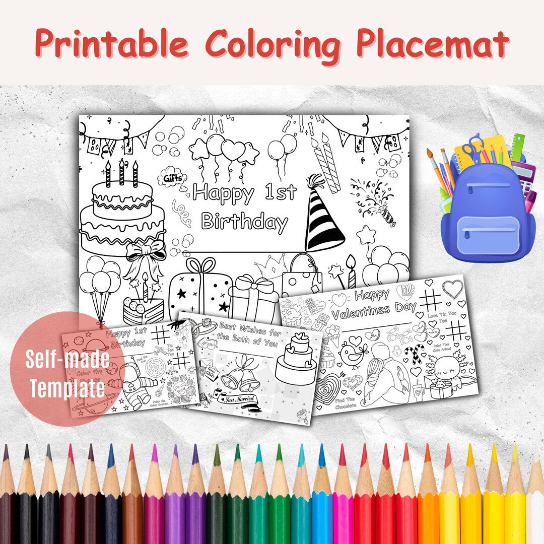 Birthday Party Themed Coloring Placemat, Valentine's Day Themed ...