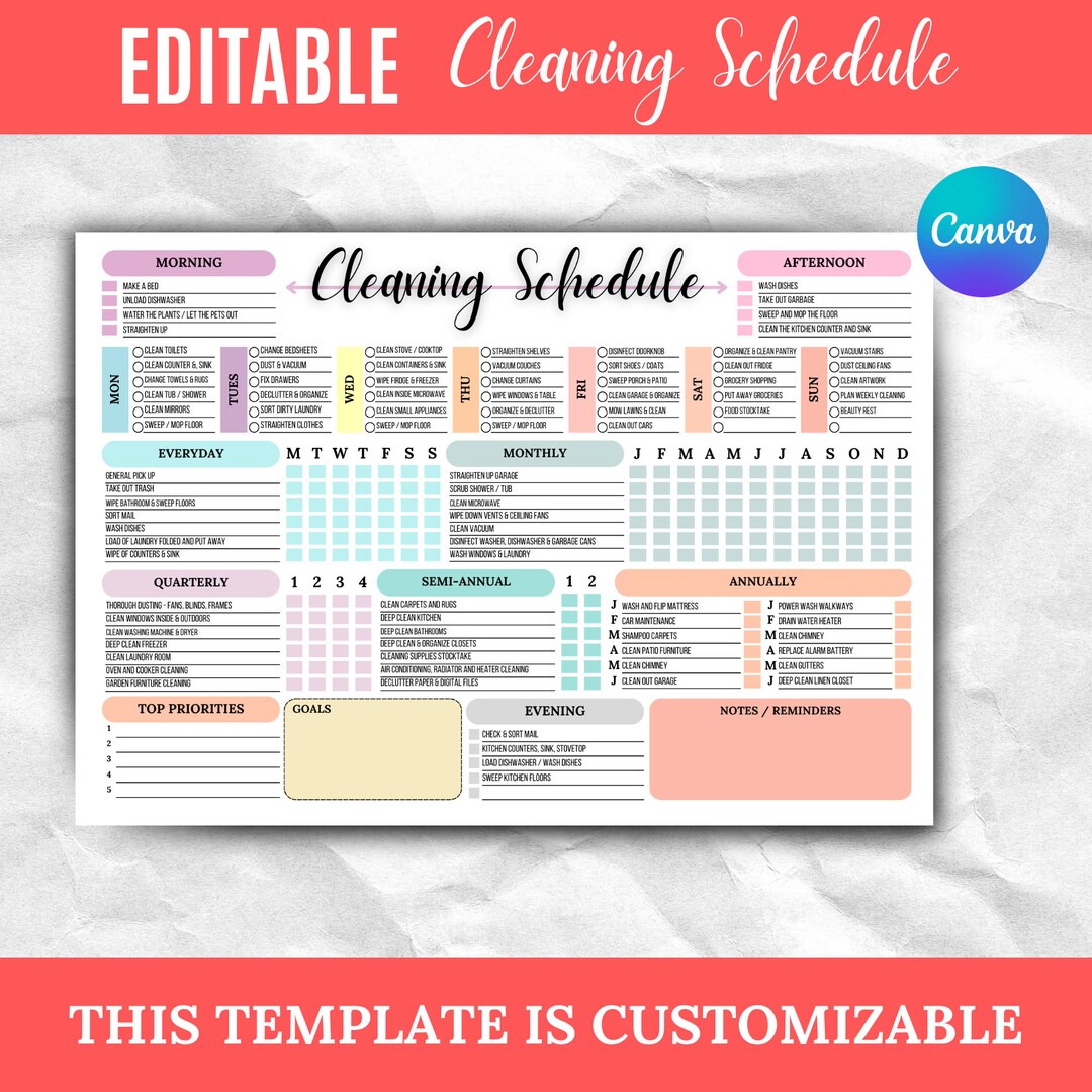 Cleaning Schedule Canva Template Editable Cleaning Planner Printable ...
