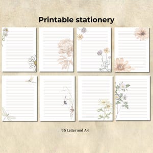 Puede incluir: Papelería imprimible con papel rayado y diseños florales. La imagen muestra ocho hojas de papel con ilustraciones botánicas, incluyendo margaritas, peonías y libélulas. El texto "Printable stationery" y "US Letter and A4" son visibles.