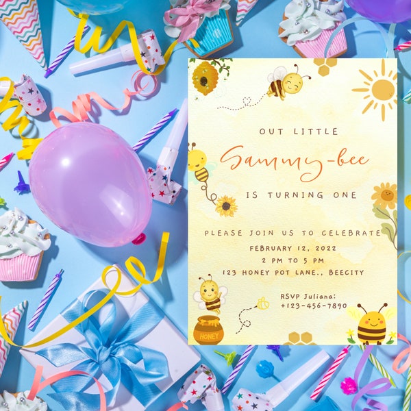 Editable Bee 1st Birthday Party Invitation, Printable template, Childrens invitation