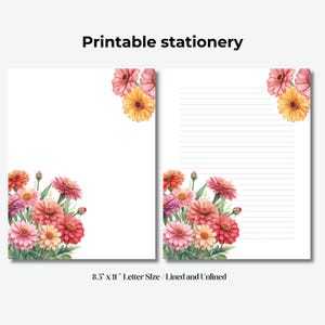 May include: Printable stationery set with lined and unlined letter-size paper. The paper is decorated with watercolour floral arrangements in pink, red, and yellow. The text "Printable stationery" is at the top. The paper size is 21.6 cm x 27.9 cm.