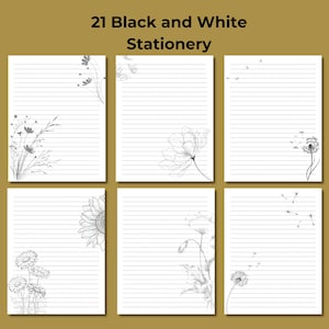 May include: A collection of 21 black and white stationery sheets. Each sheet features a lined design with delicate floral illustrations, including dandelions, sunflowers, and poppies. The text "21 Black and White Stationery" is at the top.