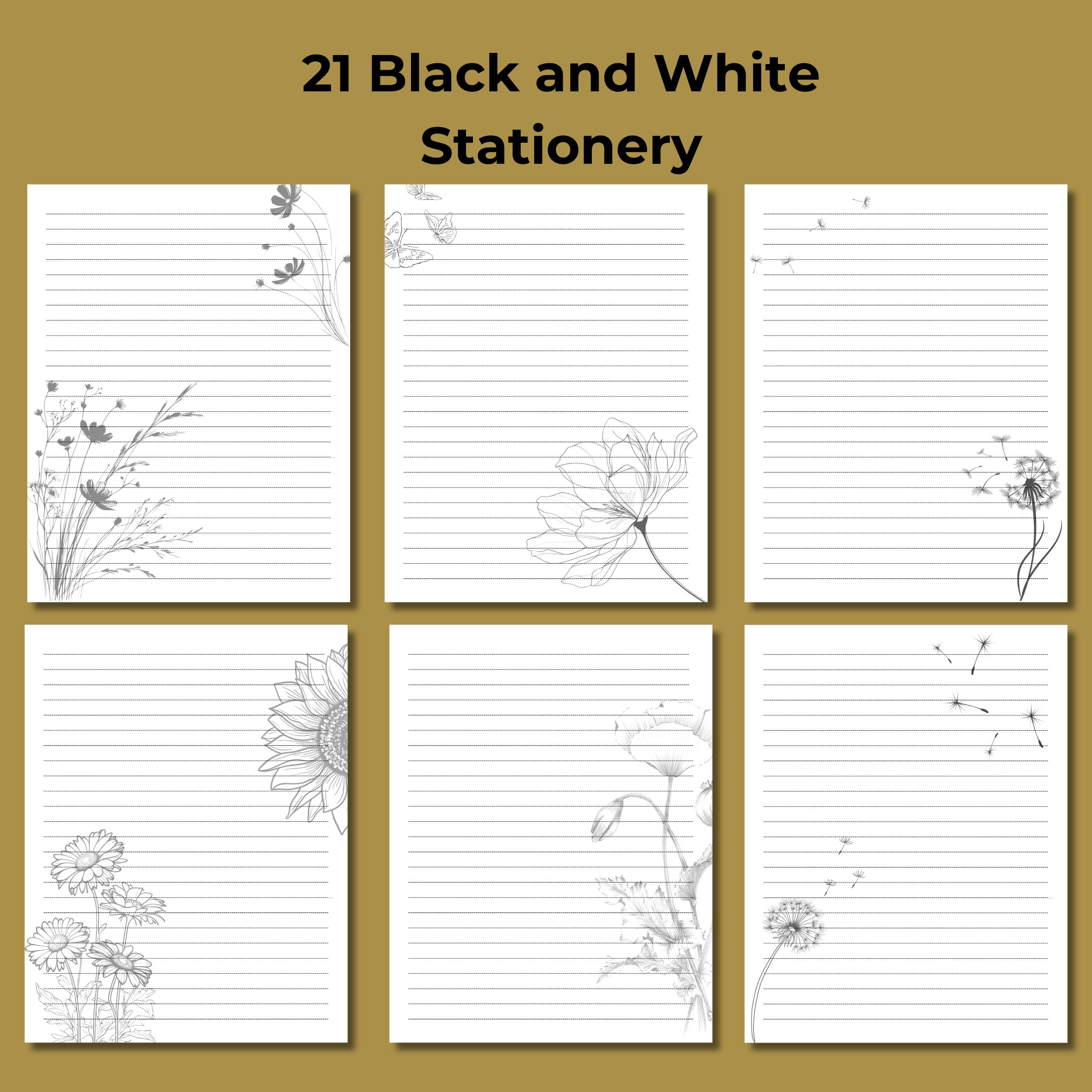 Floral Lined Writing Paper - Spring Flower Black and White Stationery ...