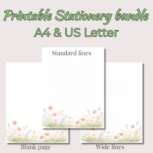 Wildflower Printable Stationery – A4 + US Letter, Standard, Wide & Blank, PDF + JPG, Pastel Floral Paper