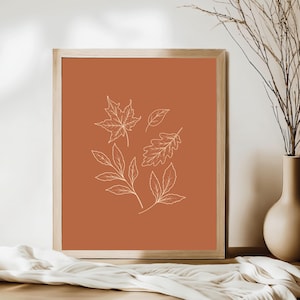 Hojas de otoño imprimibles, arte de pared en color naranja quemado, póster de otoño, arte en tonos cálidos, decoración de pared acogedora, regalo de inauguración de la casa, descarga digital