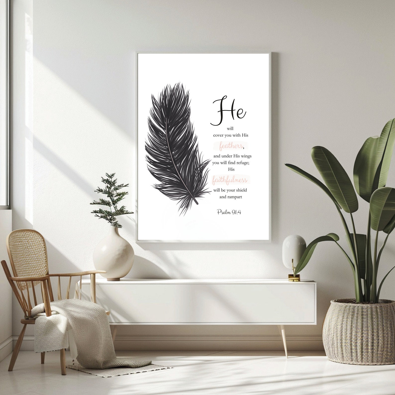 Feather Scripture Cursive Psalm 91 4, Scripture Wall Art, He Will Cover You With His Feathers ...
