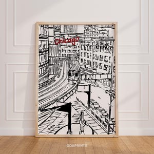 Stampa Chicago - Arte murale di viaggio negli USA / Casa accogliente, download digitale, Paesaggio urbano di Chicago, Decorazione di moda retrò, Arte architettonica, Poster da cucina