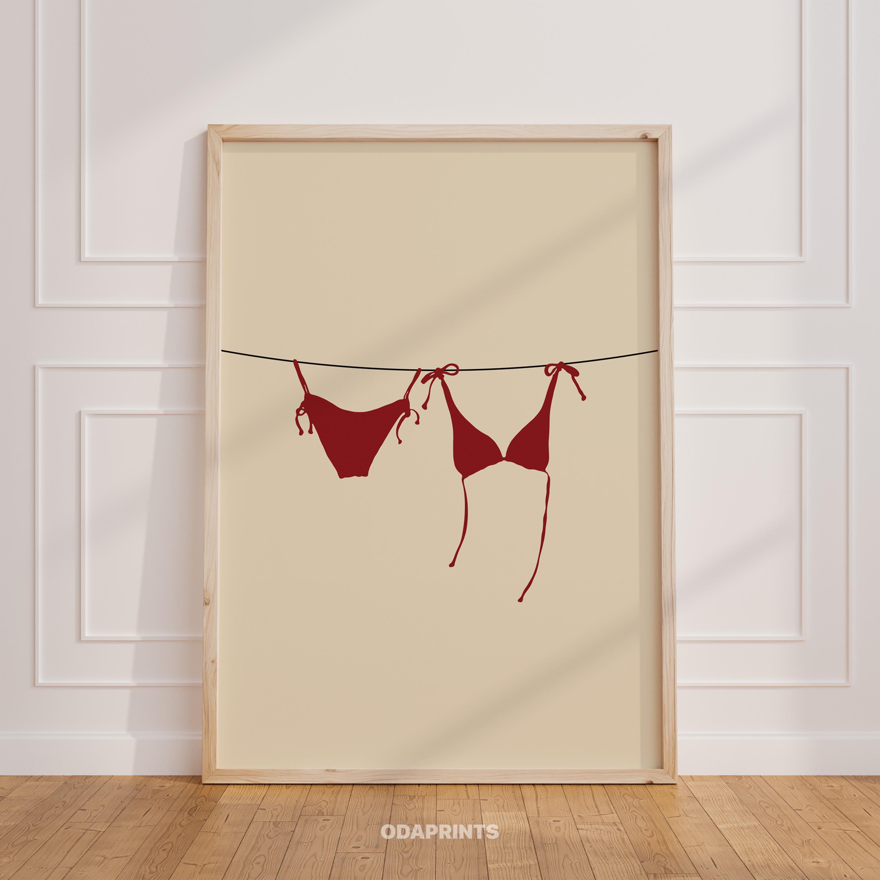 Red Bikini On Clothesline Print Coastal Cowgirl Wall Art Beach House Red Bikini Art Girl Room Aesthetic Print Apartment Decor Surf Poster
