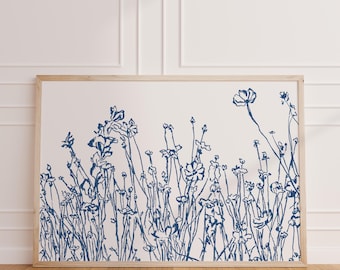 Blue Floral Print, Summer Flowers, Digital Download, Botanical Art, Bohemian Aesthetic, Wildflowers Illustration, Flower Market, Modern Home