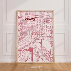 Stampa Chicago - Poster di viaggio negli USA / Dolce rosa di Chicago, Decorazione per la stanza delle ragazze, Skyline di Chicago, Download digitale, Poster di Chicago, Casa accogliente