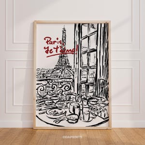 Paris Print - France Travel Wall Art | French Kitchen Art, Parisian Cafe, French Lunch, Eiffel Decor, French Bistro, Je T&#39;aime Paris Poster