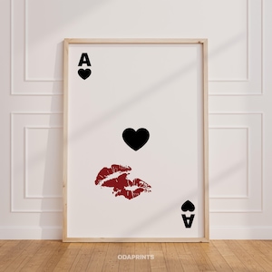 Trendy Ace Of Hearts Print, Playing Card Wall Art, Aesthetic Bar Cart, Lucky You Print, Retro Kiss Lips, Femme Fatale Poster, Preppy Digital