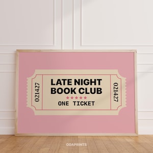Late Night Book Club Ticket Wandkunst Horizontale Mädchenzimmer Druck Geschenkidee für Buchliebhaber Digitale Bibliothek Druck lesende Mädchen Illustration