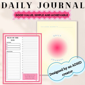Op de afbeelding: Een roze en wit dagboek met de tekst "DAILY JOURNAL" in grote zwarte letters. Het dagboek is ontworpen voor mensen met ADHD en heeft een sectie voor het plannen van de dag met een lijst met dingen om te doen en een sectie voor dagelijks journalen.