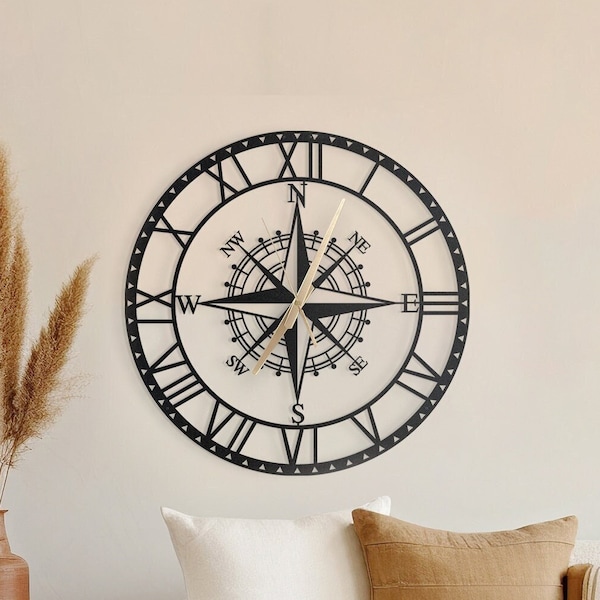 Metal Compass Wall Clock, Metal Compass Sign, Silent Wall Clock, Oversized Wall Clock, Small Wall Clock, Clocks for Home Decor and Gifts
