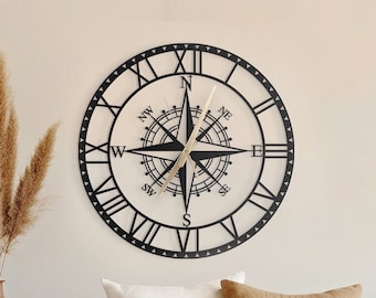 Reloj de pared con brújula de metal, letrero de brújula de metal, reloj de pared silencioso, reloj de pared de gran tamaño, reloj de pared pequeño, relojes para decoración del hogar y regalos