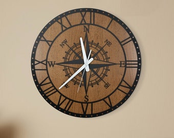 Reloj de pared con brújula de madera, letrero de brújula de madera de metal, reloj de pared silencioso, reloj de pared de gran tamaño, reloj de pared pequeño, reloj de pared de madera, reloj de madera