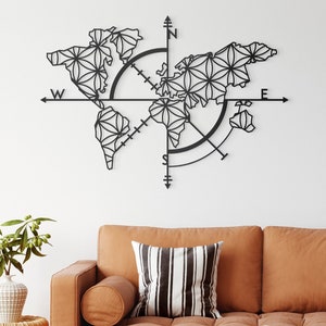 Geometrische wereldkaart metalen muurkunst, metalen bloem des levens decor, bord wereldkaart, kompas wereldkaart, wereldkaart metalen muurkunst, kompas bord