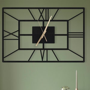 Prostokątny metalowy zegar ścienny: Duża dekoracja z cyframi rzymskimi, cichy, nietykający