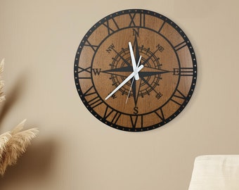 Horloge murale boussole en bois, boussole en bois en métal, horloge murale silencieuse, horloge murale surdimensionnée, petite horloge murale, horloge murale en bois, horloge en bois