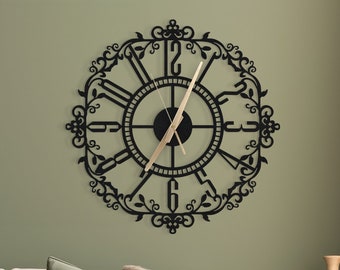 Mandala Clock With Latin Numerals,Mid Century Themed Office Wall Clock,Kitchen Wall Hanging Clock,Laser Cut Metal Wall Clock
